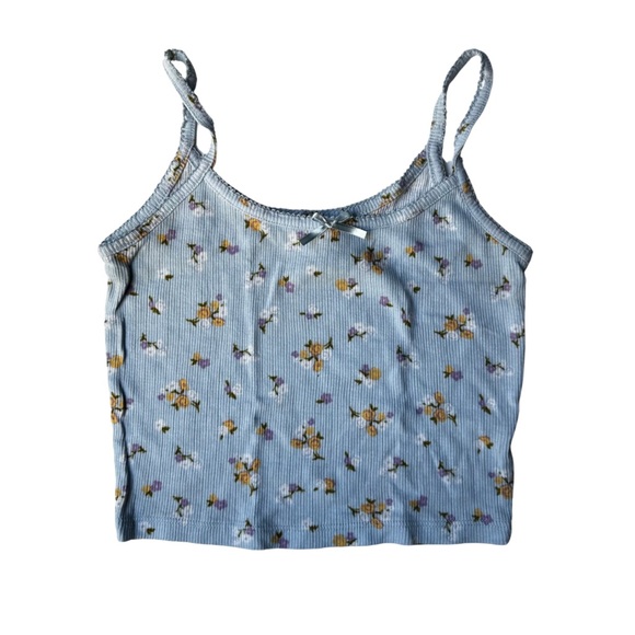 Forever 21 Baby Blue Floral Ribbed Crop Camisole Tank Top - Picture 1 of 5